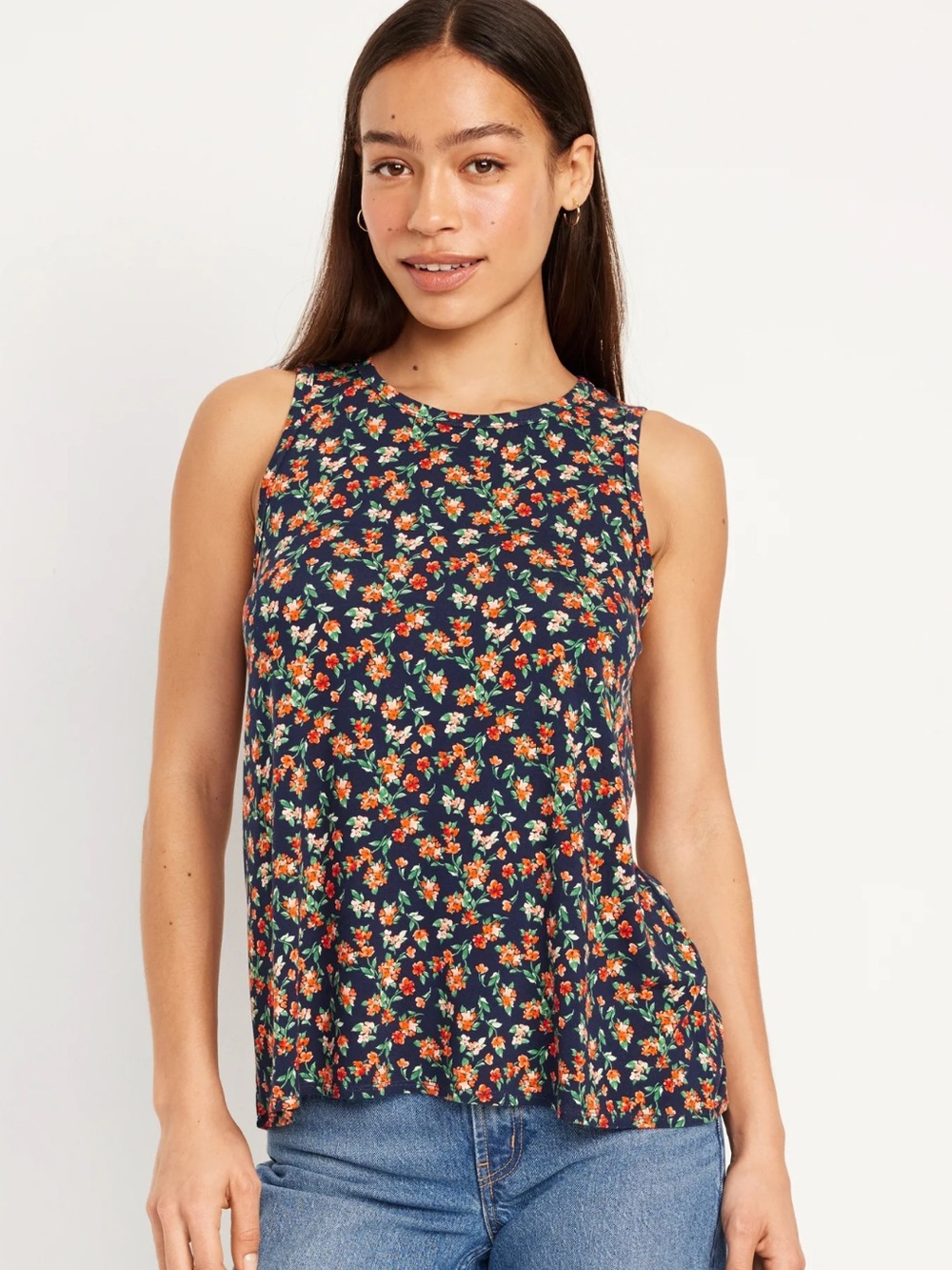 Old Navy Navy Floral Tank with Orange Blossoms